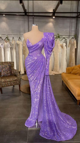 Robe de bal longue à sequins violet clair, manches amovibles, robe de soirée charmante Y711