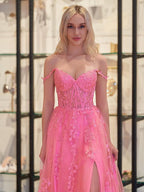 Robe de bal en tulle ornée d'appliqués de dentelle pour femme 2025, bretelles spaghetti, robe de soirée formelle avec fente 