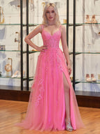 Robe de bal en tulle ornée d'appliqués de dentelle pour femme 2025, bretelles spaghetti, robe de soirée formelle avec fente 
