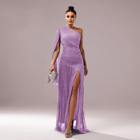 One-Shoulder Long Sleeve Slit Gown – Elegant Evening Dress