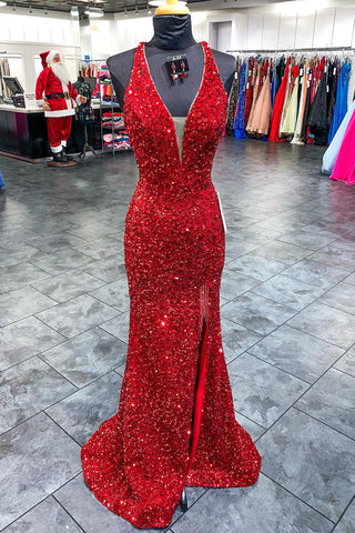 Robe de bal longue sirène rouge à sequins, décolleté plongeant en V et dos nu