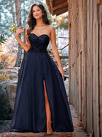 Luxury Sparkly Beads Strapless Lace Ball Gown Prom Dress