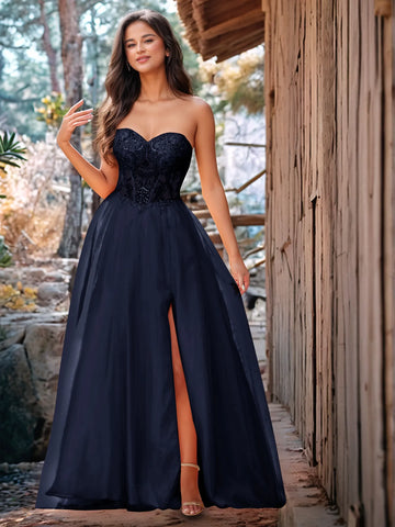 Vestido de baile de gala de encaje sin tirantes con cuentas brillantes de lujo