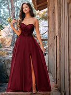 Luxury Sparkly Beads Strapless Lace Ball Gown Prom Dress