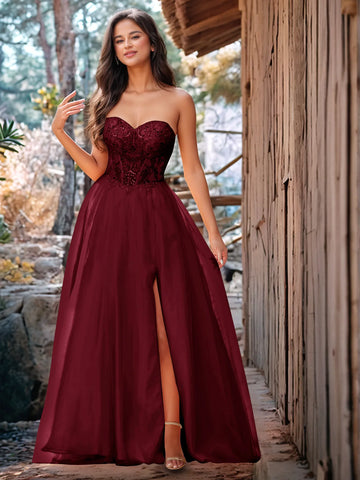 Vestido de baile de gala de encaje sin tirantes con cuentas brillantes de lujo