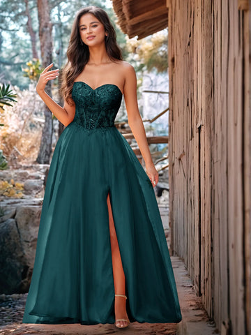 Vestido de baile de gala de encaje sin tirantes con cuentas brillantes de lujo