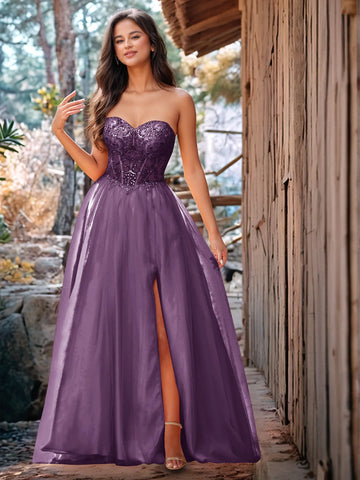 Vestido de baile de gala de encaje sin tirantes con cuentas brillantes de lujo