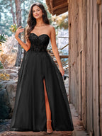 Luxury Sparkly Beads Strapless Lace Ball Gown Prom Dress