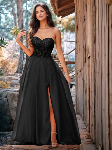 Vestido de baile de gala de encaje sin tirantes con cuentas brillantes de lujo