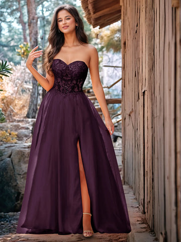 Vestido de baile de gala de encaje sin tirantes con cuentas brillantes de lujo