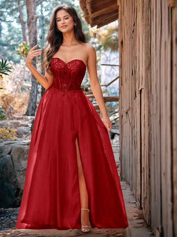 Vestido de baile de gala de encaje sin tirantes con cuentas brillantes de lujo