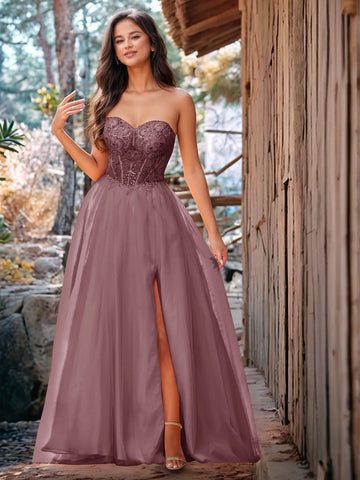 Vestido de baile de gala de encaje sin tirantes con cuentas brillantes de lujo