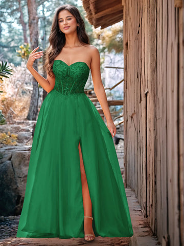 Vestido de baile de gala de encaje sin tirantes con cuentas brillantes de lujo