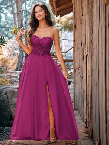 Vestido de baile de gala de encaje sin tirantes con cuentas brillantes de lujo