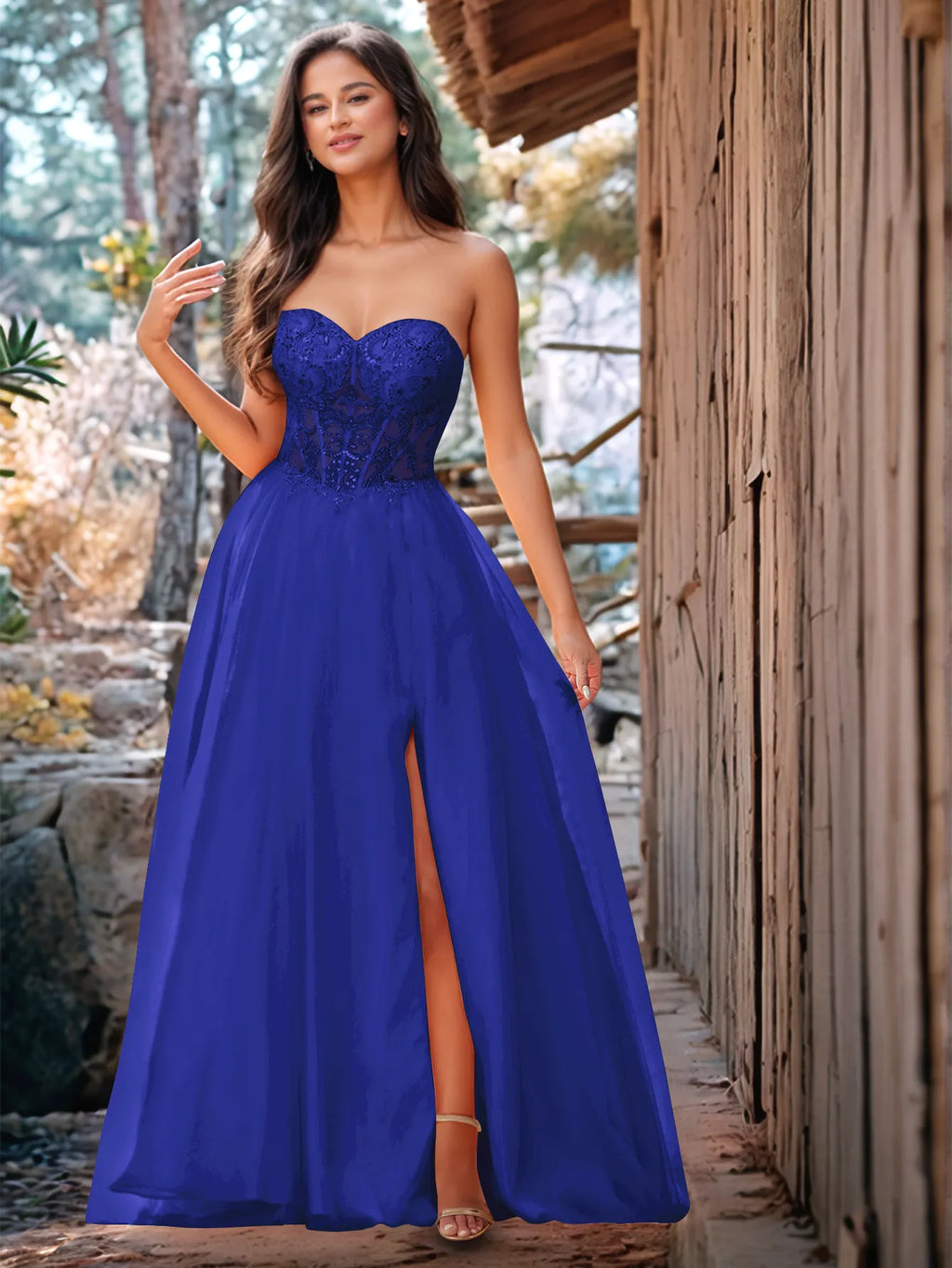 Luxury Sparkly Beads Strapless Lace Ball Gown Prom Dress