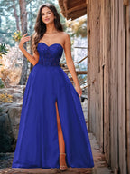 Luxury Sparkly Beads Strapless Lace Ball Gown Prom Dress
