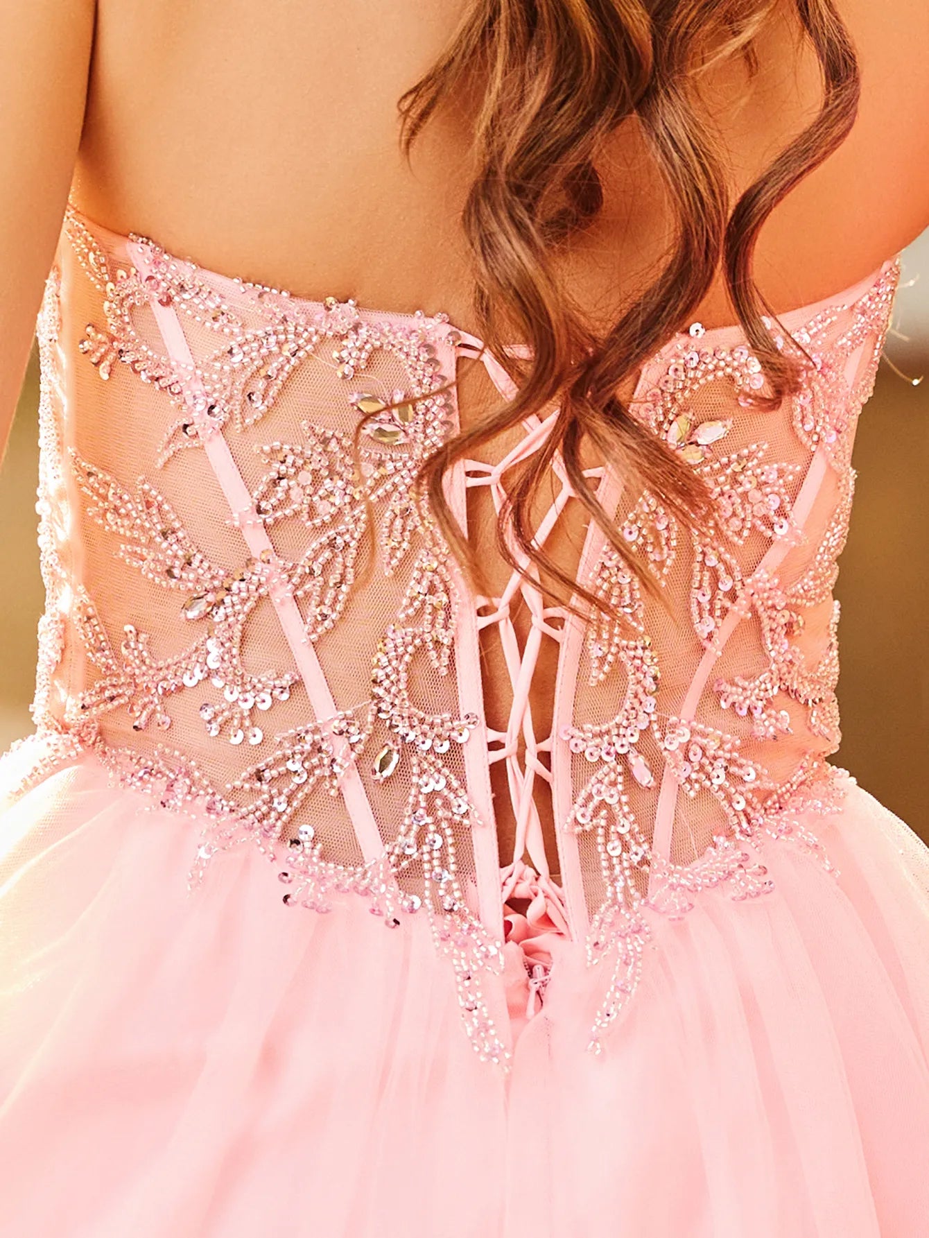 Luxury Sparkly Beads Strapless Lace Ball Gown Prom Dress