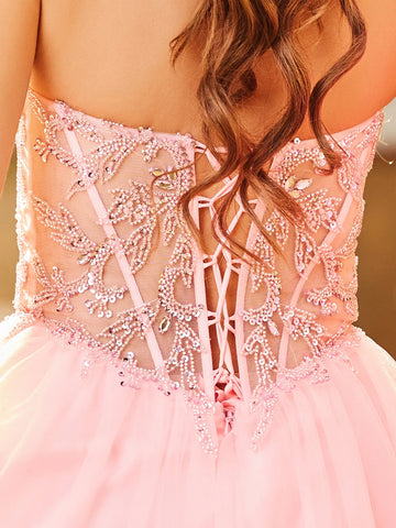 Vestido de baile de gala de encaje sin tirantes con cuentas brillantes de lujo