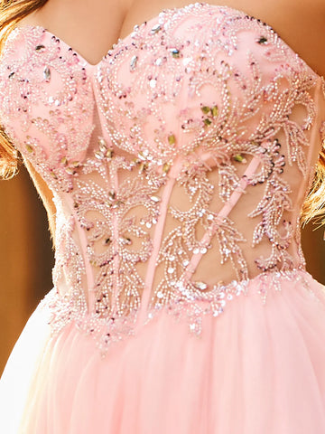 Vestido de baile de gala de encaje sin tirantes con cuentas brillantes de lujo