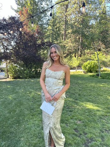 Fuchsia Printed Corset Front-Slit Satin Prom Dress Formal Evening Dress Y8458