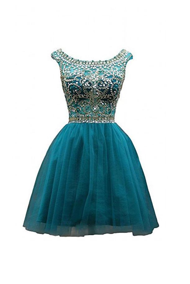 Vestidos de fiesta de bienvenida para niñas, con escote redondo, corte en A y tul verde con cuentas para niñas 