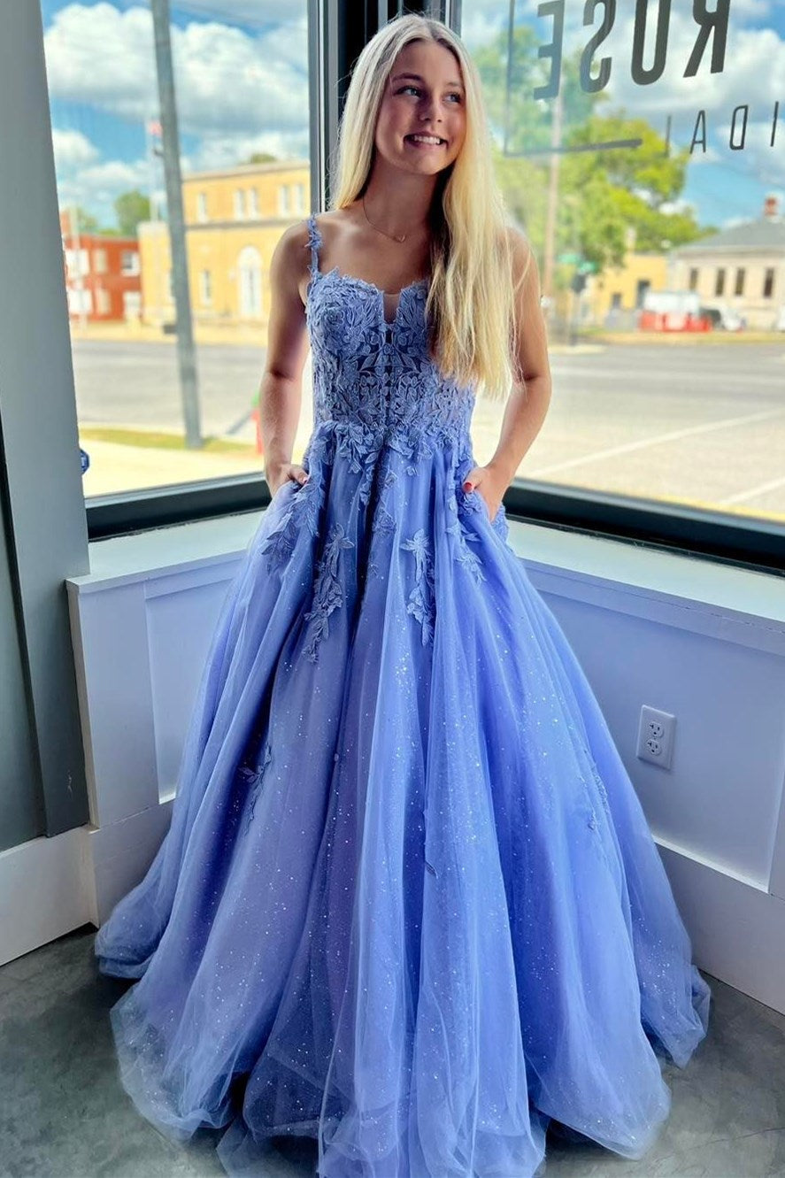Vestido de fiesta de tul y encaje con tirantes finos, corte en A y bolsillos