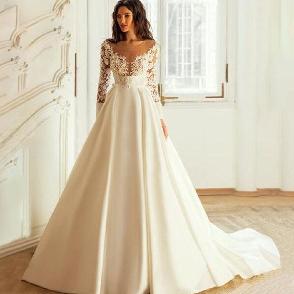 Robes de mariée élégantes à manches longues pour femmes, coupe princesse, robe de mariée trapèze sur mesure, applications de dentelle, robe de mariée en satin 