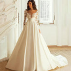 Robes de mariée élégantes à manches longues pour femmes, coupe princesse, robe de mariée trapèze sur mesure, applications de dentelle, robe de mariée en satin 