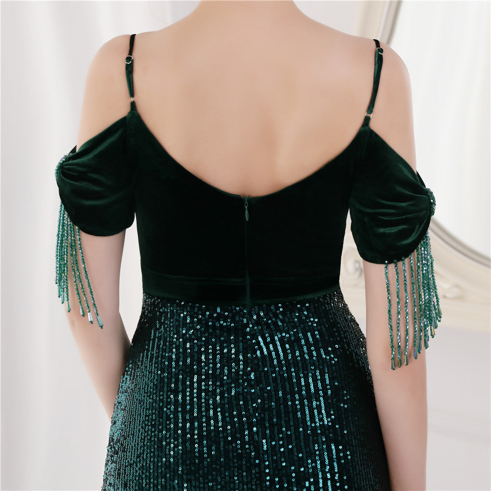 Velvet Spaghetti Straps Cocktail Evening Dress Dress Elegant Company Annual Meeting Women Sexy Long Short Sleeve