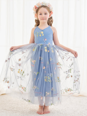 Vestido azul de tul hasta el tobillo, corte en A (2003227598) 