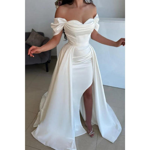 Vestido de noche formal de sirena con escote corazón, mangas cortas, satén plisado y falda desmontable