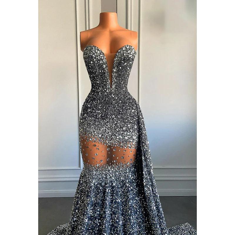 Robe de soirée sirène sexy et tendance, col en V, sans manches, à volants, entièrement pailletée