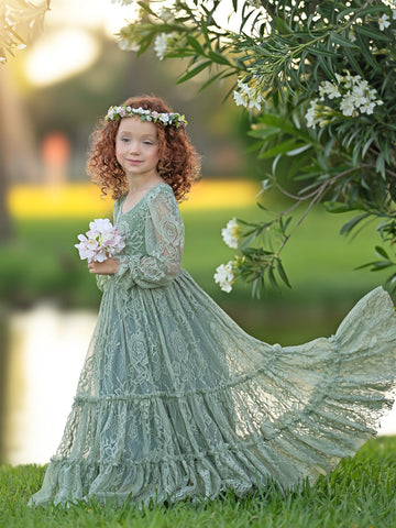Vestido bohemio de niña de las flores verde salvia con encaje hasta el tobillo 