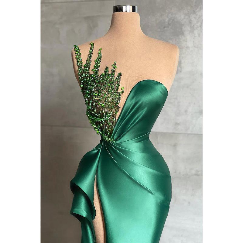 Vestido de noche largo con escote en V y encaje verde