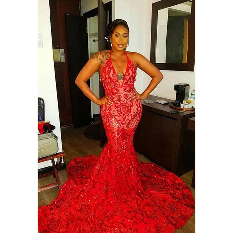 Robe de bal sirène sexy et tendance à bretelles spaghetti, décolleté en V profond, sans manches, dos nu, paillettes