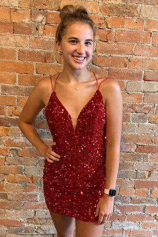 Robe fourreau courte à sequins pour le bal de promo, dos croisé