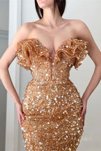 Vestido de sirena largo con escote en V, lentejuelas plisadas y abertura, corte sirena para baile de graduación.