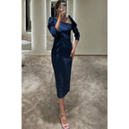 Vestido de noche formal con escote barco, mangas 3/4 y cuentas, corte tubo/columna 