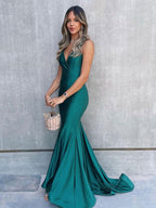 Vestido largo de fiesta verde sirena con escote en V, sencillo, de satén. Vestido de noche verde Y852