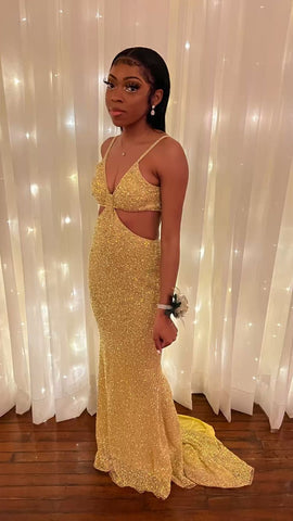 Robe de soirée sirène dorée sans manches à paillettes, robe de bal sexy pour jeunes filles noires Y813