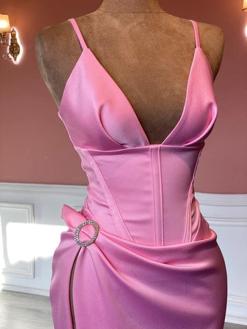 Robe de soirée rose élégante sans manches à fines bretelles, style concours de beauté Y817