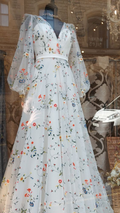 Vestido de novia francés elegante de gasa con estampado floral, manga larga, escote en V Y2065