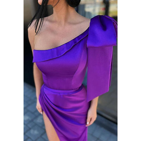 Unique One Shoulder Pleast Purple Prom Dress with Slit