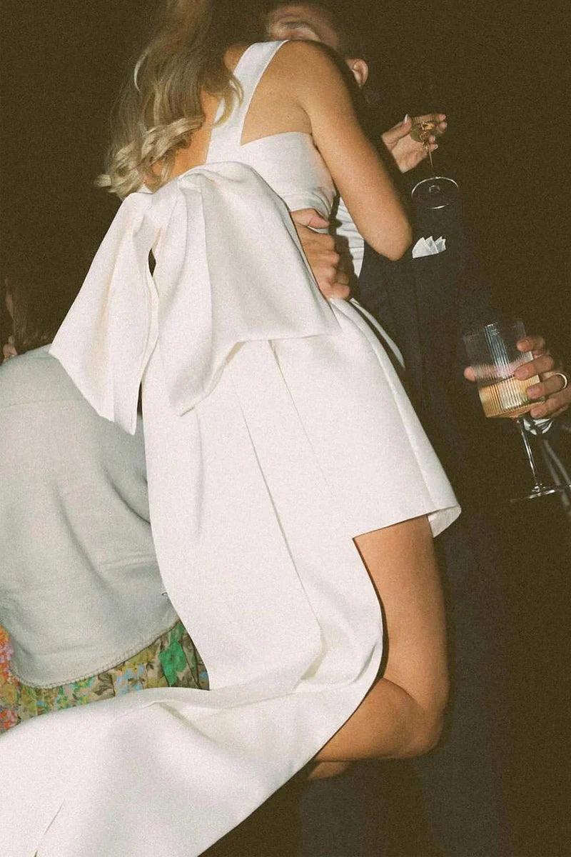 Baoleely Wedding Dress Square Neck White Satin Short with Bow Back