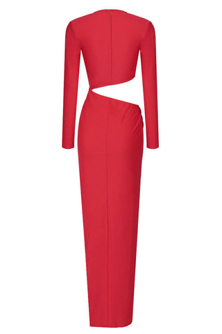 Vestido de noche Diva con escote en V profundo, detalle de cristal y aro recortado, volantes fruncidos, corte asimétrico. 