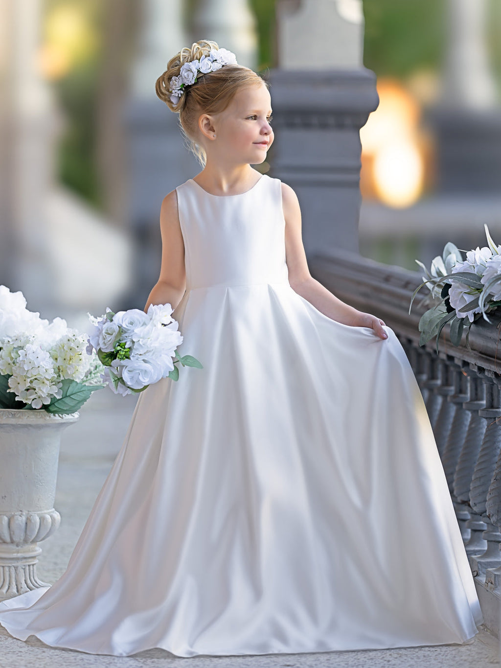 Vestido de niña de las flores para la Primera Comunión, corte en A, encaje y satén, hasta el suelo 
