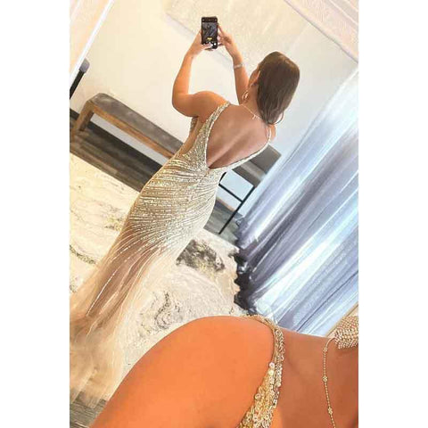 Robe de bal longue en tulle, décolleté en V, paillettes, perles, dos nu, avec fente