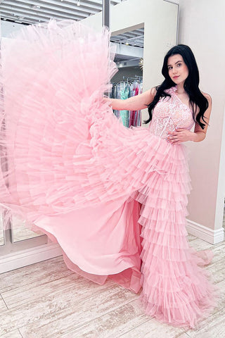 One Shoulder Corset Tiered Long Prom Dress with Ruffles