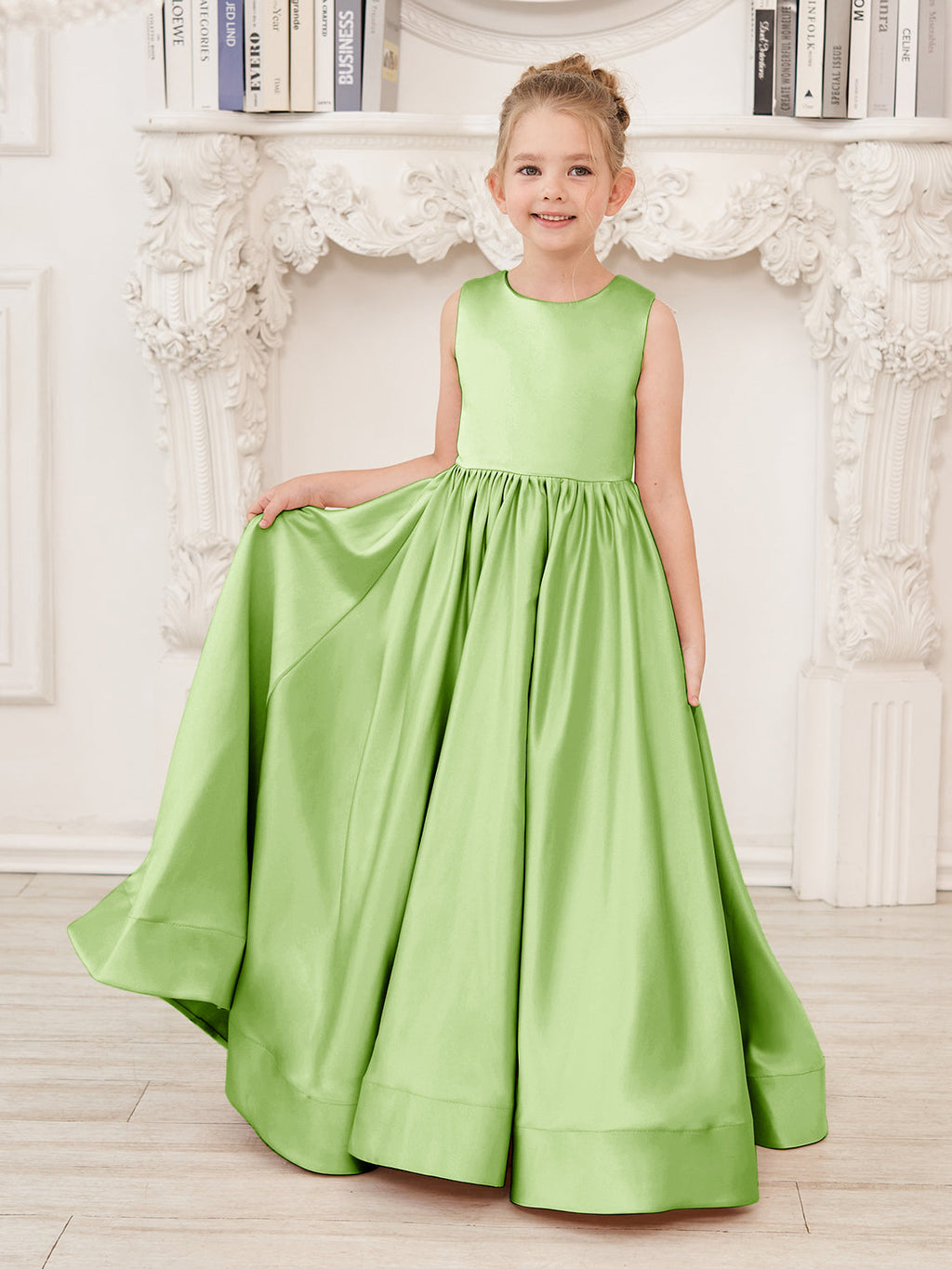 Vestido de niña de las flores de corte A, de satén y encaje, hasta el suelo 