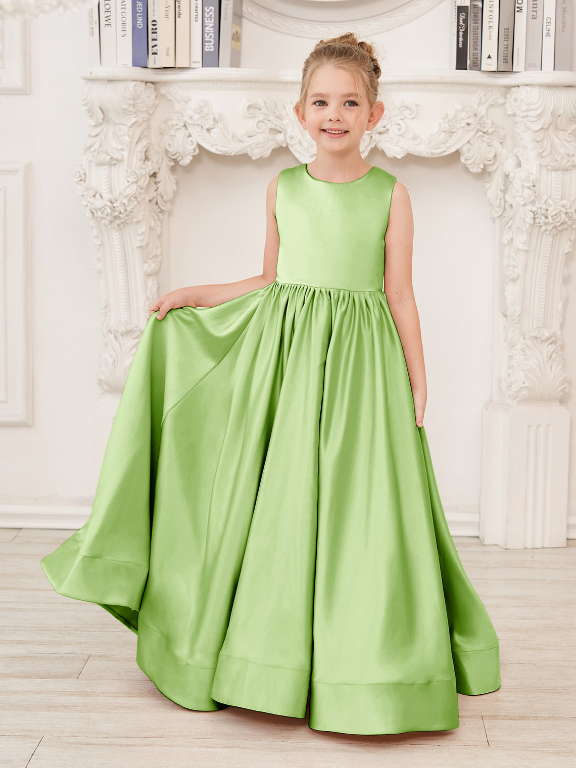 Vestido de niña de las flores de corte A, de satén y encaje, hasta el suelo 